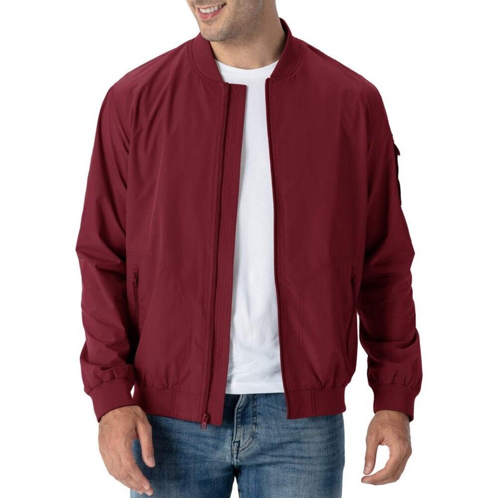 Men's Bomber Jacket 01 Wine Red Causal Stylish Fashion Front Zippered Pockets